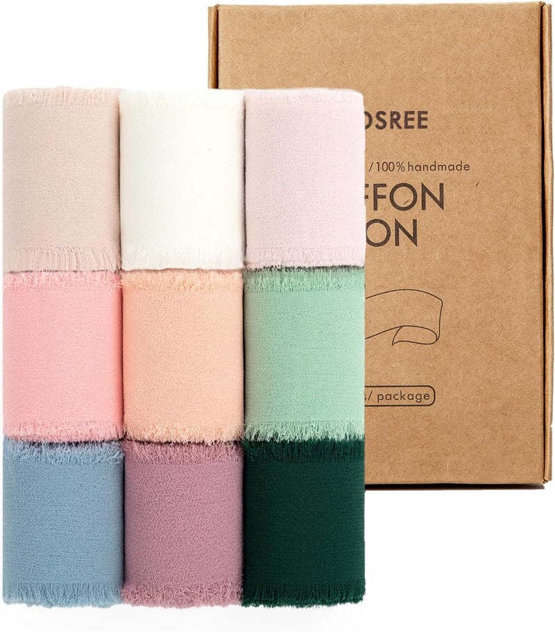 KEOSREE 9 Rolls Multicolour Handmade Chiffon Ribbon,1.5" x 21Yd Frayed Fringe Silk Ribbons (9 Rolls *2.3Yd) for Gifts Wrapping, Wedding Invitations, Bridal Bouquets, Decorations - Image 1
